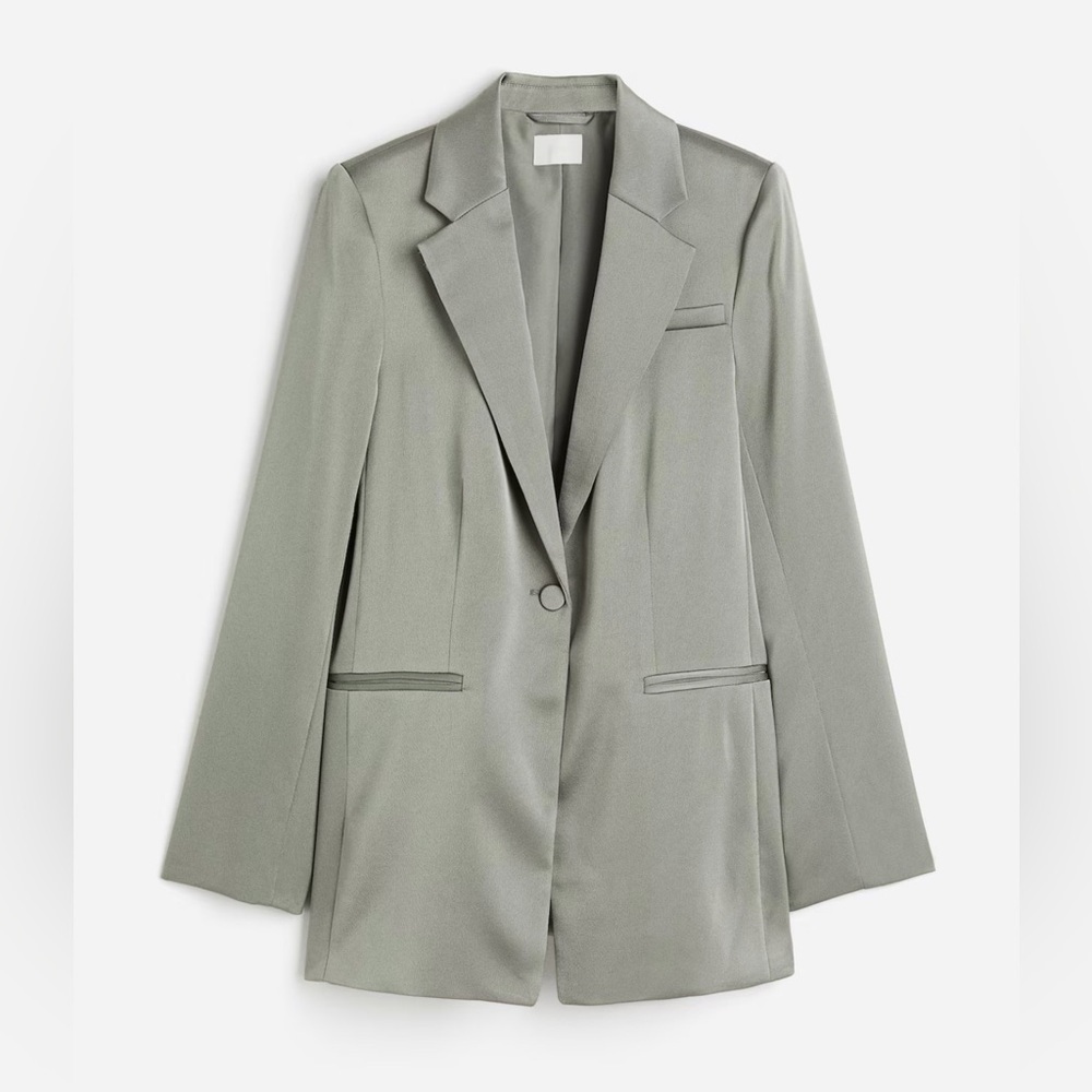NWT H&M Satin Single-Breasted Blazer in Light Khaki Green Sz S